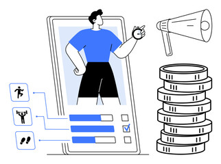 Person interacting with a fitness app on a smartphone tracking workout progress and goals. Stacked coins symbolize financial goals, and a megaphone suggests promotion or communication. Ideal