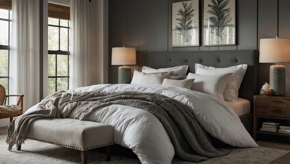 Cozy bedroom with soft white bedding and natural light streaming in