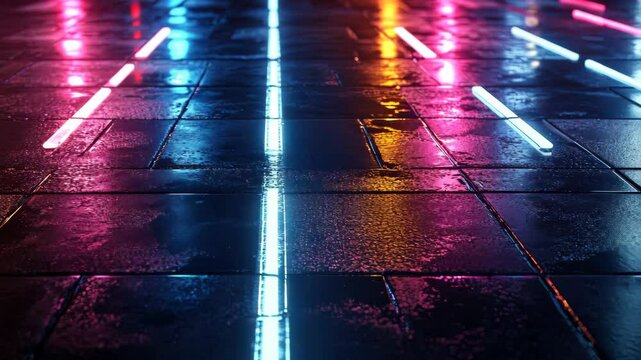Neon light reflections on wet pavement at night, urban atmosphere ture..