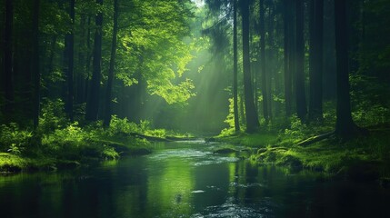 Fototapeta premium Sunlit forest stream. Lush greenery, tranquil water reflecting trees. Sunlight filters through canopy
