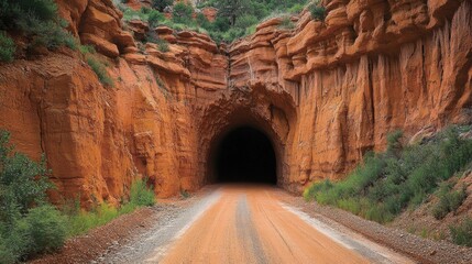 A narrow road cuts through a red rock canyon, leading into a darkened tunnel, symbolizing the allure of the unknown and the journey ahead.