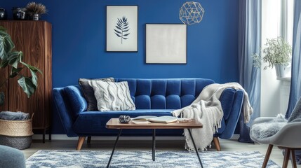 A peaceful and stylish living room with a deep blue color palette, complemented by cozy textiles and a comfortable blue sofa, creating a serene environment.