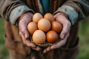 Farmer holding fresh organic eggs in hands