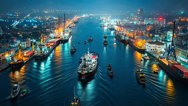 Nighttime port waterway traffic, cityscape backdrop footage