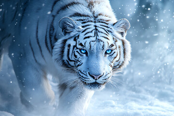 Majestic white tiger prowling through a snowy landscape, with soft snowflakes falling around