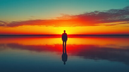 Silhouetted man standing in calm water at sunset, reflecting the vibrant sky.