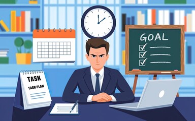 Fototapeta premium Focused Businessman: A determined businessman sits at his desk, surrounded by tools of productivity, including a calendar, clock, goals, tasks, laptop and books.