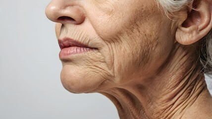 Close up of middle-aged senior old woman neck - shows wrinkles and lines as natural part of aging as the skin loses elasticity and collagen - being exposed to UV light over time
