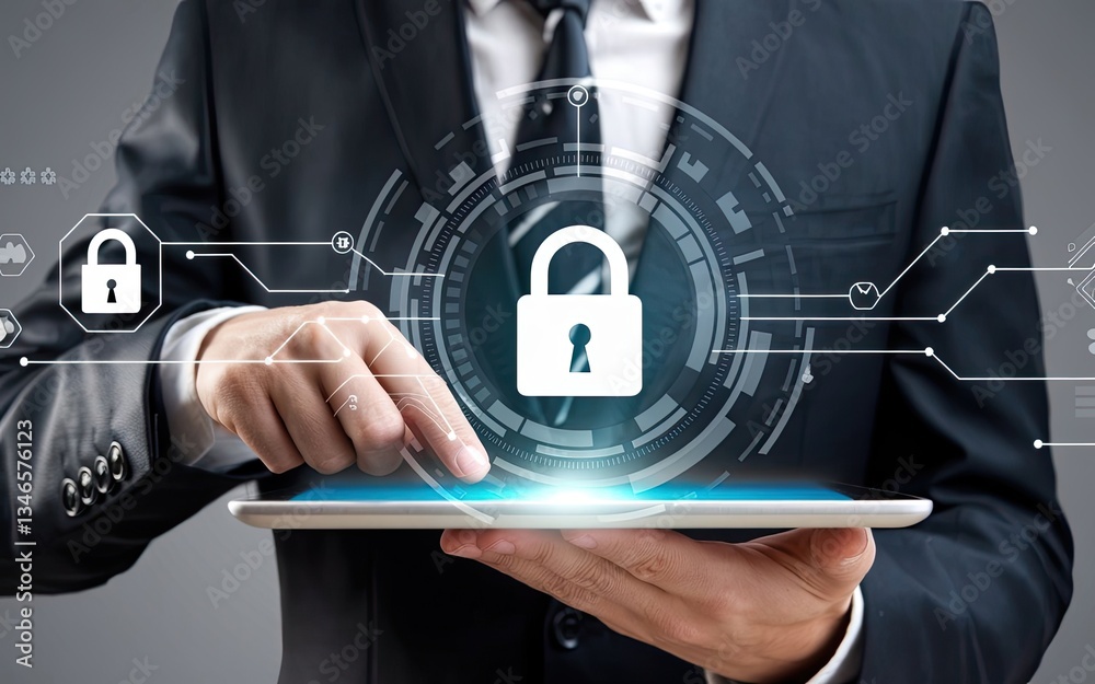 Poster securing data: a professional in a suit interacts with a tablet displaying a digital lock, represent