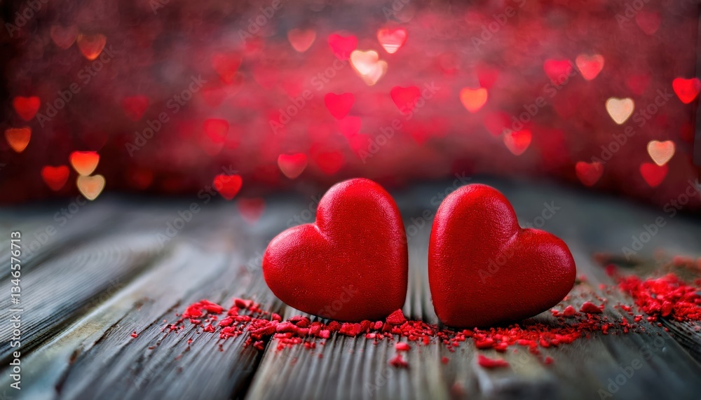 Aufkleber two red heart shaped chocolates on rustic wooden surface with blurred romantic bokeh background