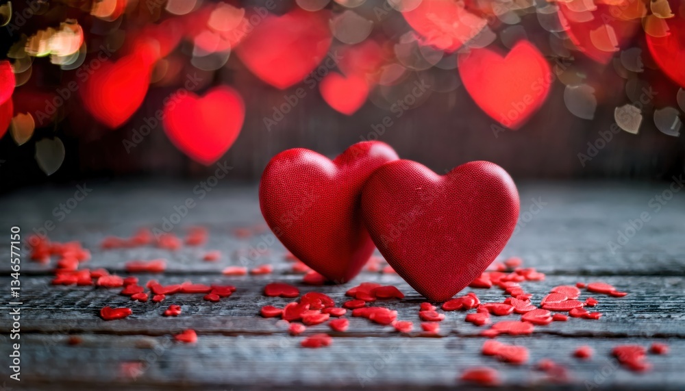 Aufkleber two red heart shaped chocolates on rustic wooden surface with blurred romantic bokeh background