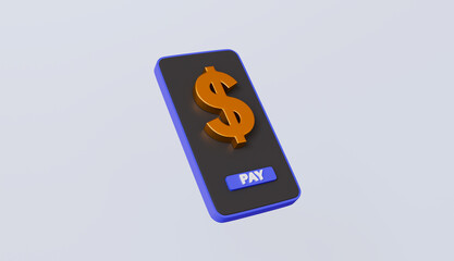 Smartphone with dollar icon, online transaction, digital payment, e-commerce concept 3d illustration