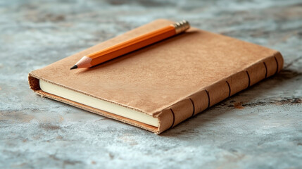Vintage kraft notebook with pencil on textured surface, top view