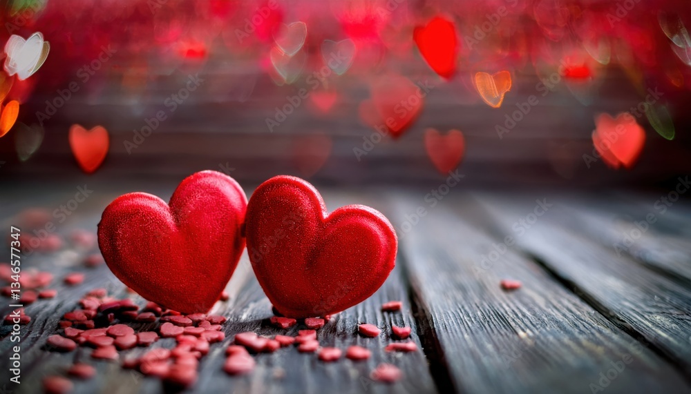 Poster two red heart shaped chocolates on rustic wooden surface with blurred romantic bokeh background