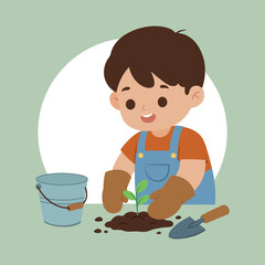Сute little boy planting a small tree. A bucket and a trowel are nearby. Gardening, eco-awareness, and Earth Day. Springtime, arbor day. Isolated flat vector illustration.