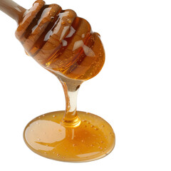 Golden Honey Dripping from Wooden Dipper with Liquid Gold Texture and Reflective Surface