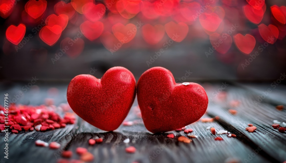 Aufkleber two red heart shaped chocolates on rustic wooden surface with blurred romantic bokeh background