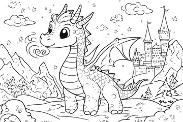 Obraz premium Cute dragon blowing smoke near fairytale castle coloring page