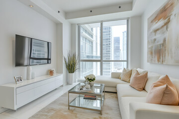 Minimalist modern living room with white walls, a sofa, and a glass coffee table.