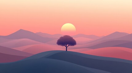 Obraz premium Lone Tree at Sunset in Rolling Hills Landscape.