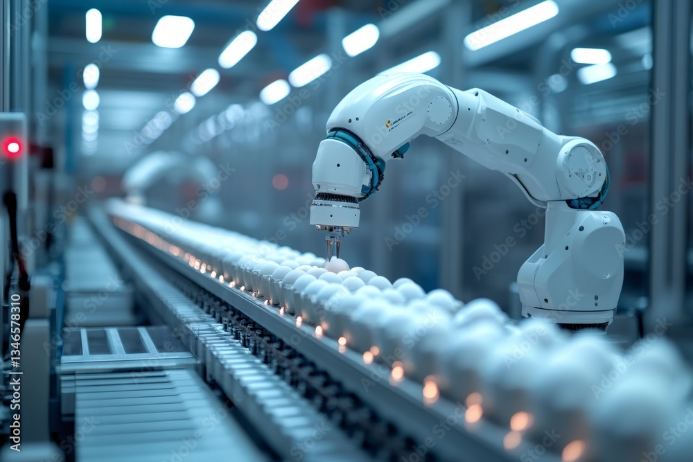 Aufkleber robotic arm handling eggs on assembly line in food processing plant