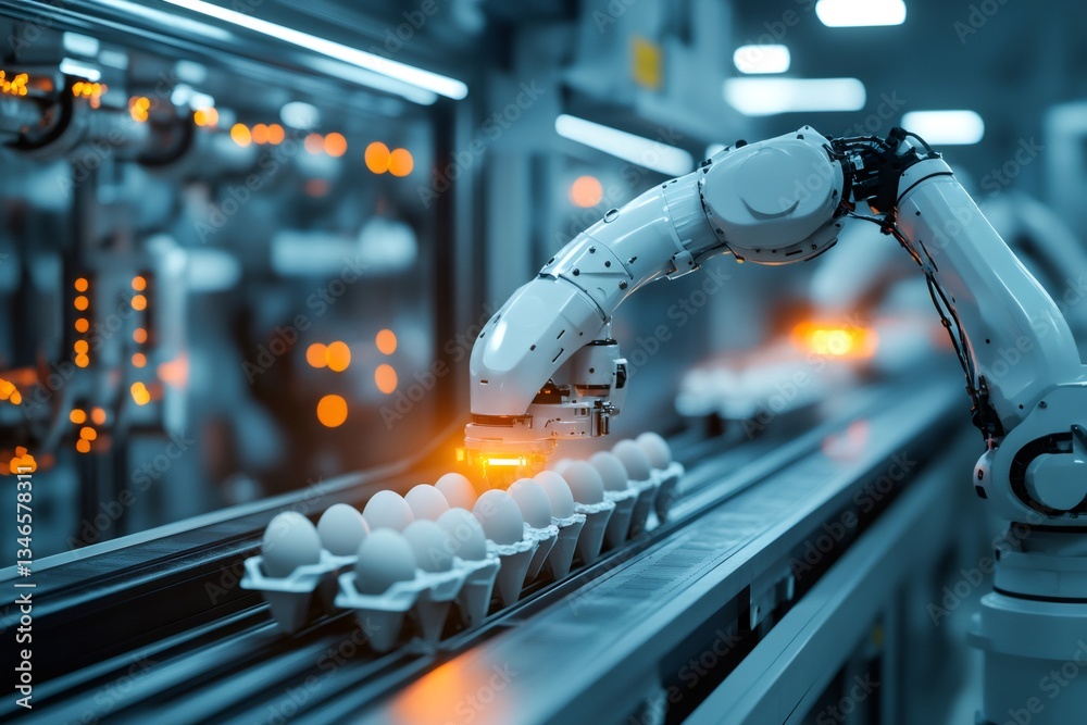 Aufkleber robotic arm processing eggs in automated food production facility