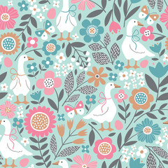 Seamless vector pattern with white goose on floral background. Hand drawn cute Easter goose pattern with tiny flowers. Perfect for textile, wallpaper or nursery print design. EPS 10 vector file. © MirabellePrint