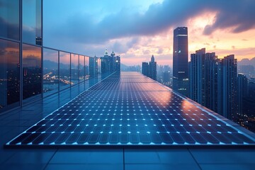 
Bottom shot: Solar panel on balcony railing of a high-rise building, with cityscape in the background.

