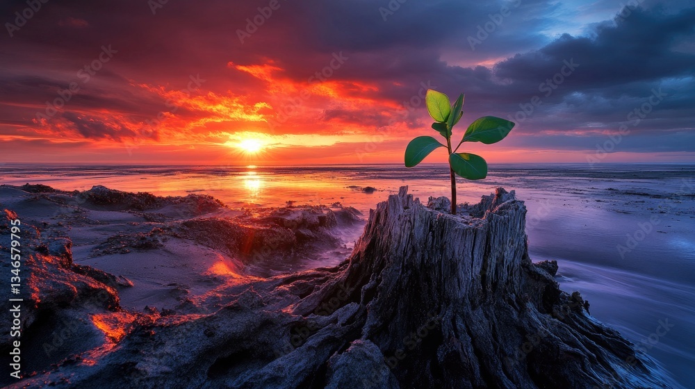 Poster a sapling emerges from a weathered tree stump, symbolizing hope and resilience against the backdrop 
