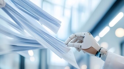 A Robotic Hand Gently Sifting Through A Flurry Of Papers, A Futuristic Vision Of Efficient Document Management In A Bright, Modern Office