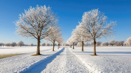 Obraz premium Snow-covered trees forming a pristine winter landscape, delicate frost glistening in the morning light.