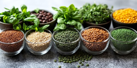Fototapeta premium Assortment of Superfoods Lentils, Mung Beans, Quinoa, Matcha, and Chia Seeds on Grey Background