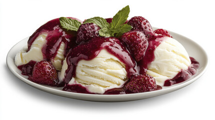 Creamy vanilla ice cream topped with fresh strawberries and berry sauce, garnished with mint leaves, creating delightful dessert experience