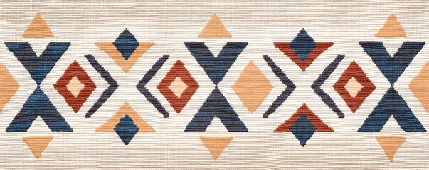 Geometric Aztec Textile Fabric Pattern. A striking Aztec inspired textile design with sharp geometric shapes and earthy tones, woven into a thick, rustic fabric.