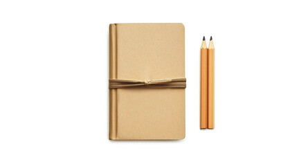 Eco-friendly kraft notebook with pencils, tied with string, isolated on white background