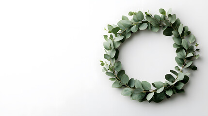 Obraz premium Fresh eucalyptus wreath, eucalyptus leaves, simple, minimalist, card, white backdrop