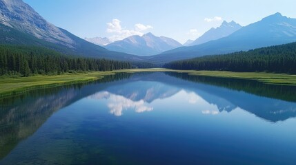 Naklejka premium A serene aerial view of a crystal-clear mountain lake reflecting the surrounding valley and towering peaks, showcasing the beauty of nature.