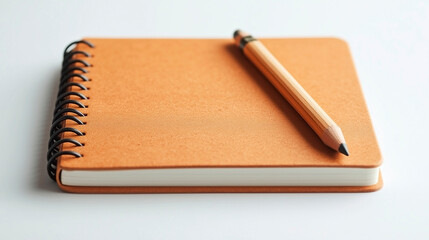Orange spiral notebook with pencil, minimal stationery, isolated on white background