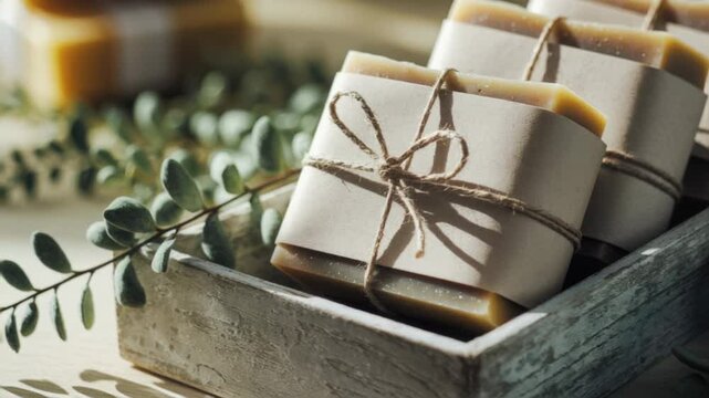 Handmade Natural Soap Bars Wrapped in Eco-Friendly Packaging with Twine in a Wooden Tray, Surrounded by Eucalyptus Leaves.