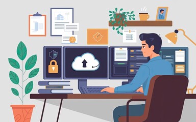 Cloud Workspace: A man works on a multiple-screen setup. The computer screens displays a cloud storage and security lock