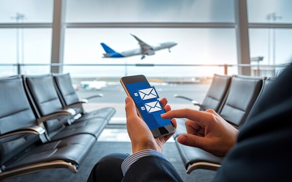 Airport Communication: a person holding a mobile phone with airplane background. showing the modern communications in the world.