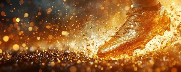 Obraz premium Golden Boot Soccer Banner. A legendary striker with golden soccer boot in focus.