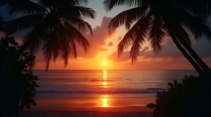 Golden Hour Tropical Beach Sunset Palm Trees Silhouettes - Serene Ocean Seascape