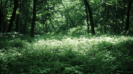 Fototapeta premium Lush forest floor bathed in sunlight