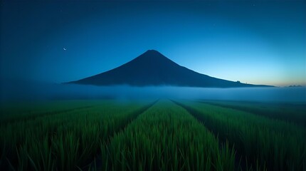 Fototapeta premium Moody Foggy Field Mountain Night Starry Blue Sky Landscape