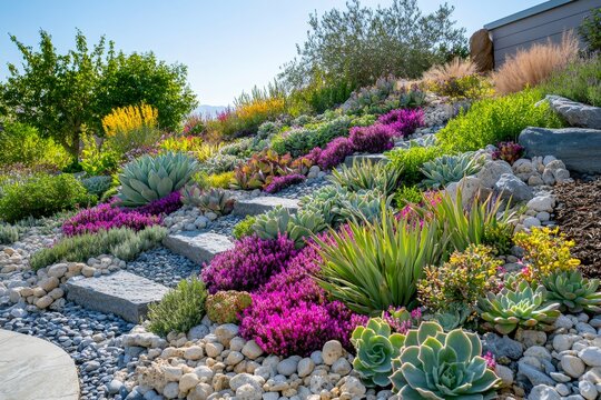 Beautiful drought tolerant landscaping with succulents, aloe and stone steps
