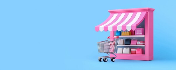 Fototapeta premium E-commerce Business. A digital storefront themed banner with a shopping cart, product showcases on blue background.