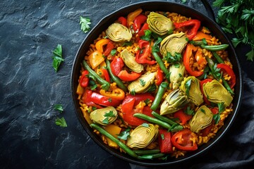 Delicious vegetarian paella with artichokes, bell peppers, and green beans cooking in a pan