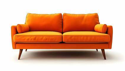 A vibrant orange sofa with wooden legs, showcasing its clean lines and modern design against an isolated white background.