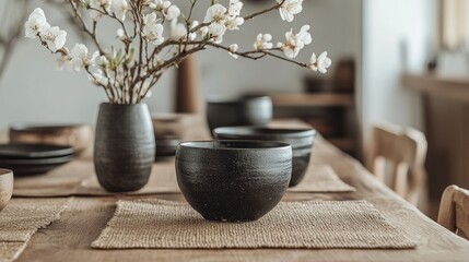 Japandi Easter dining elegance--black ceramics, organic textures, and a neutral-toned wooden table setting creating a cozy, minimalist ambiance.